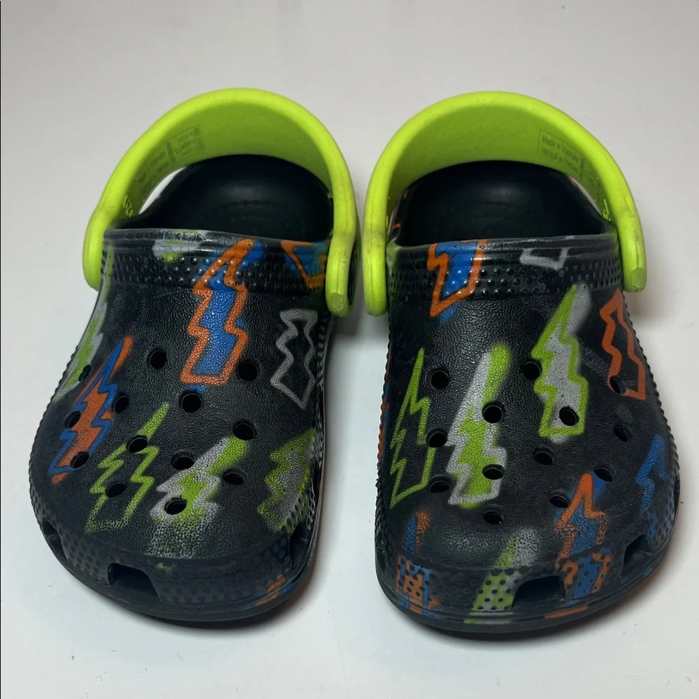 CROCS Kids size C 7 Black with Neon Green, Orange, Blue & lighting bolt design